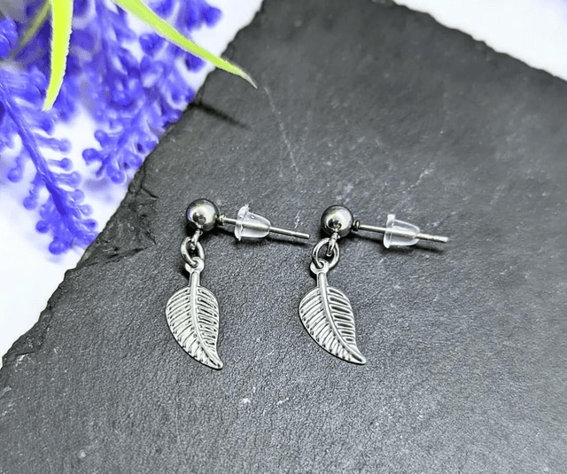 Stainless Steel Leaf Drop Stud Earrings 