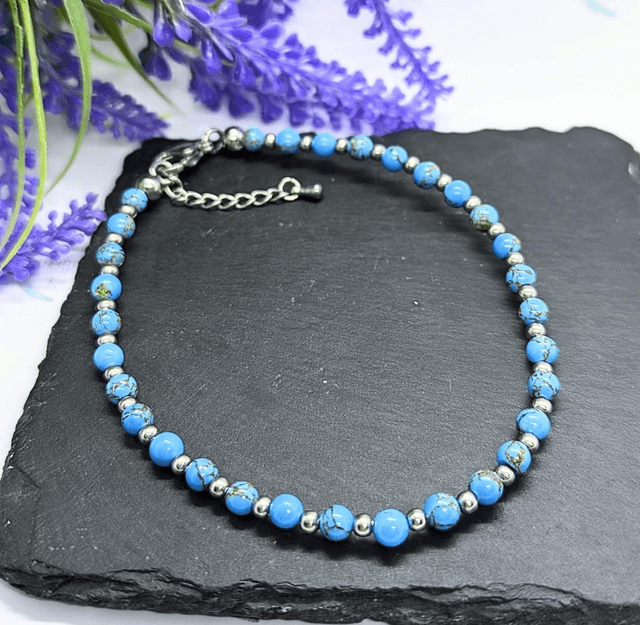 Blue &amp; Gold Marbled Boho Beaded Anklet 