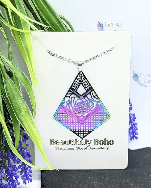 Stainless Steel Necklace with Electroplated Rainbow Diamond Rose Pattern Pendant 