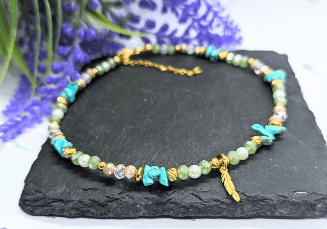 Gold Tone Plated Stainless Steel Boho Beaded Anklet with Feather Charm