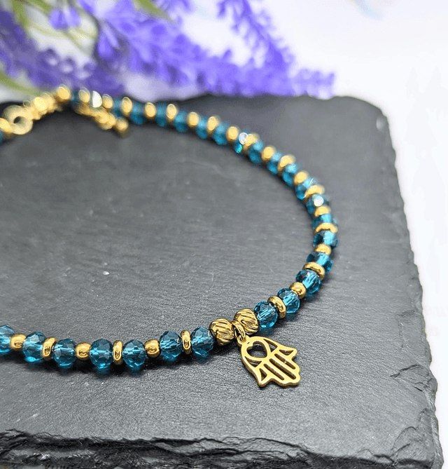 Gold Tone Plated Stainless Steel Boho Beaded Anklet with Hamsa Hand Charm 