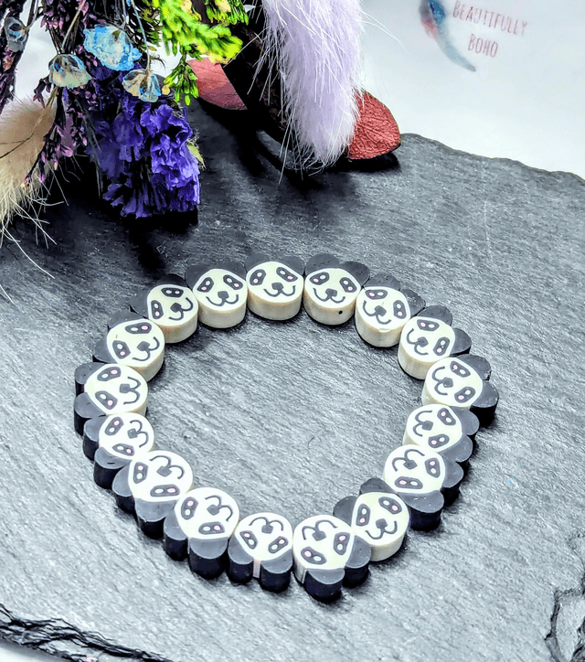 Polymer Clay Panda Beaded Children&#039;s Stretch Bracelet 