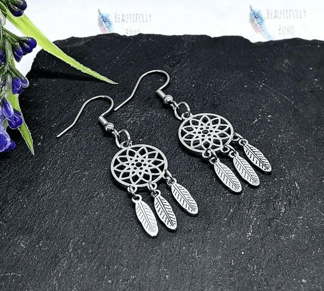 Stainless Steel Dreamcatcher Drop Earrings 