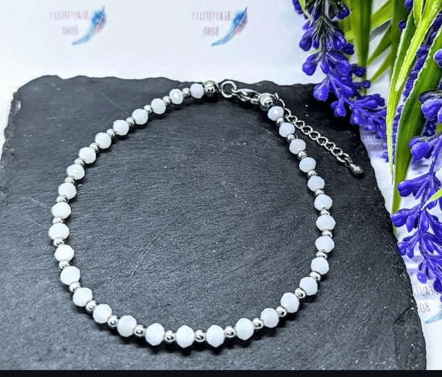 White Ceramic &amp; Stainless Steel Beaded Anklet 