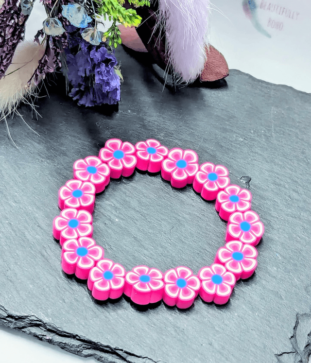 Hot Pink Polymer Clay Floral Beaded Children&#039;s Stretch Bracelet 