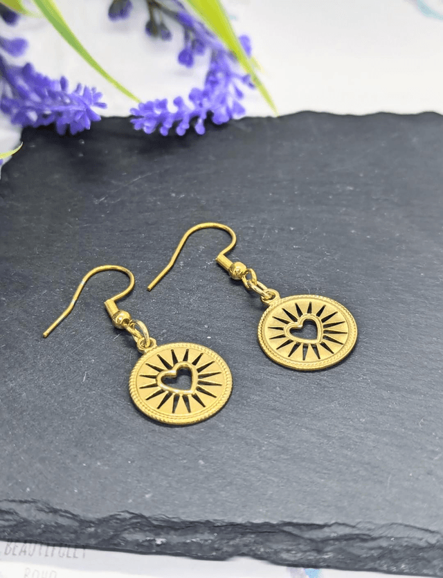 Gold Tone Plated Stainless Steel Boho Heart Drop Earrings 