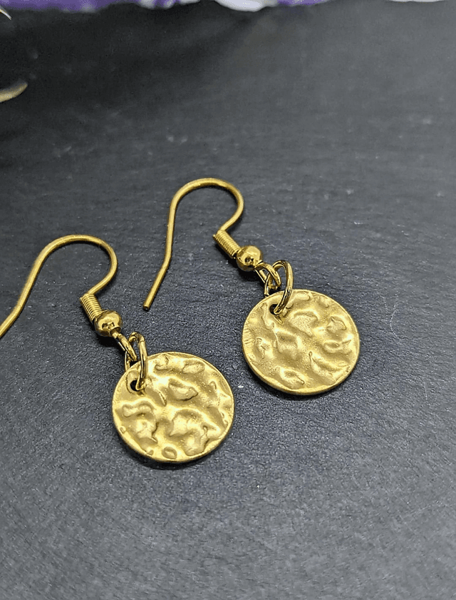 Gold Tone Plated Stainless Steel Hammered Disc Drop Earrings 
