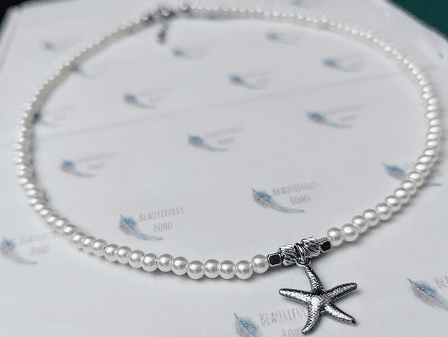Faux Pearl &amp; Stainless Steel Beaded Collar Necklace With Starfish Charm