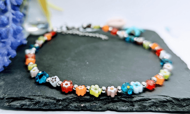 Multicoloured Millefiori Floral Glass Beaded Anklet