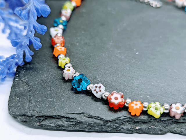 Multicoloured Millefiori Floral Glass Beaded Anklet