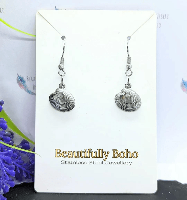 Stainless Steel Clam Shell Drop Earrings